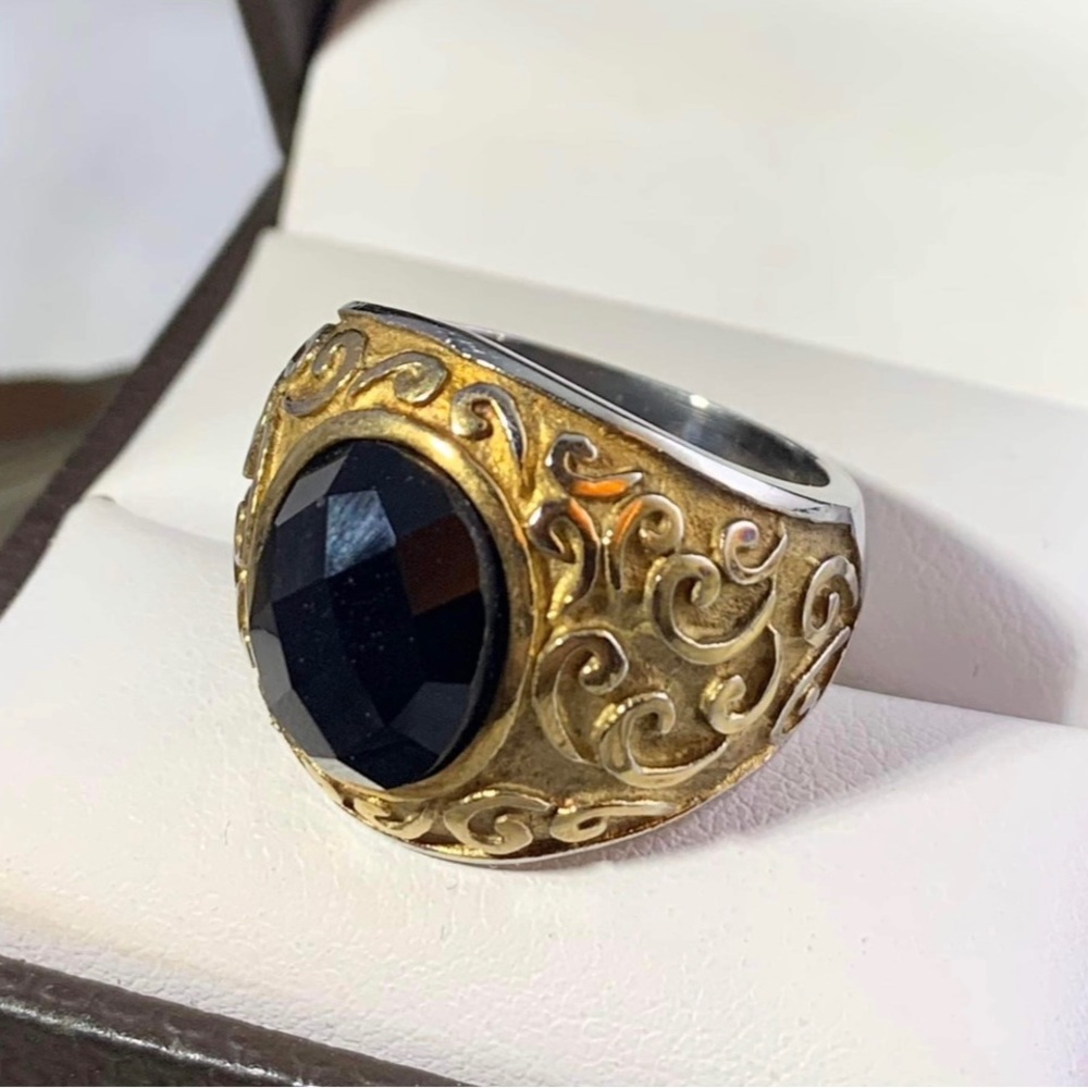 Gold and Silver black stone stainless steel ring size 7